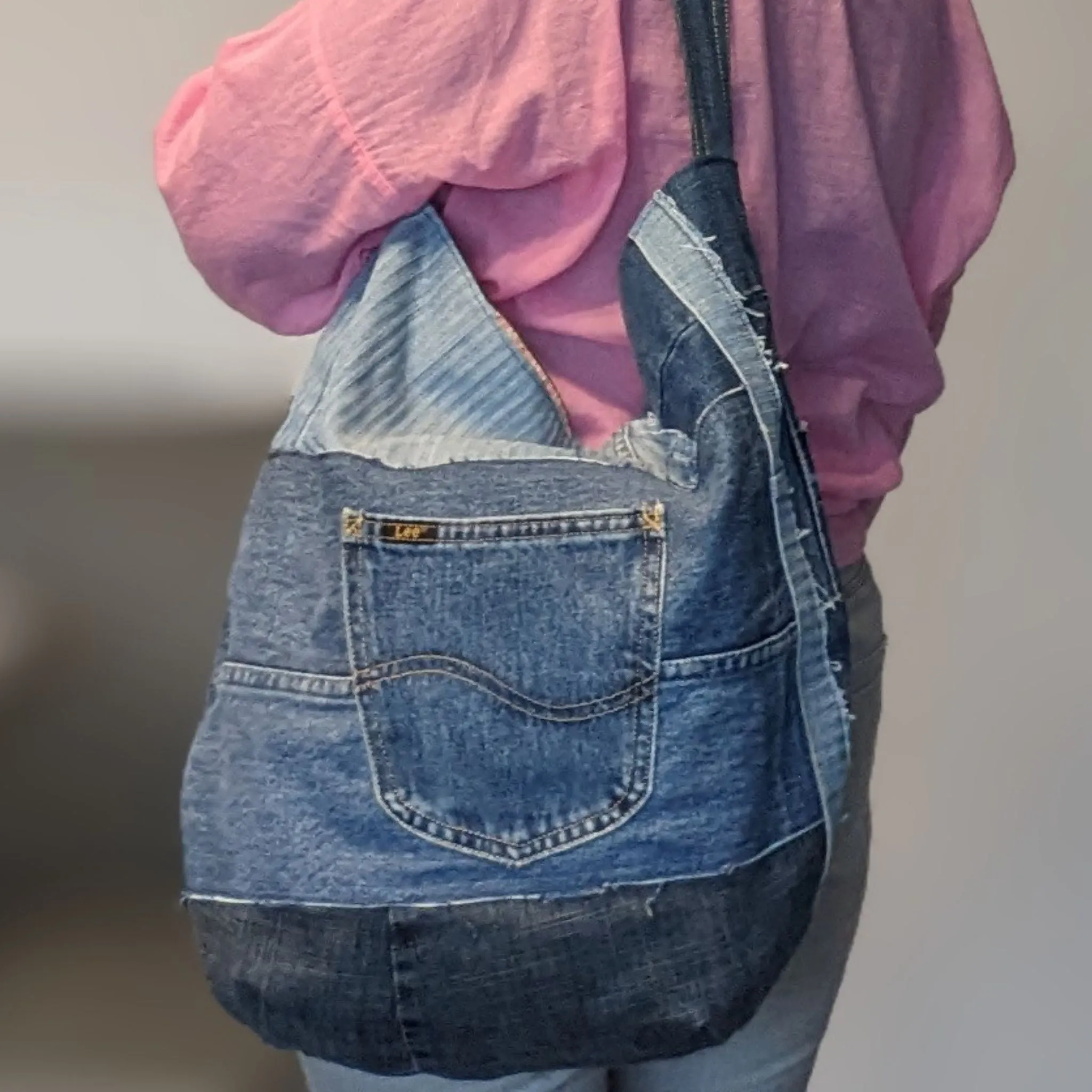 Upcycled Jeans Shoulder Bag with Ditsy Roses Lining