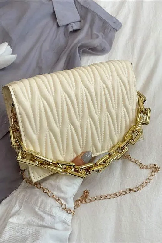 White Embossed Thick Chain Shoulder Purse