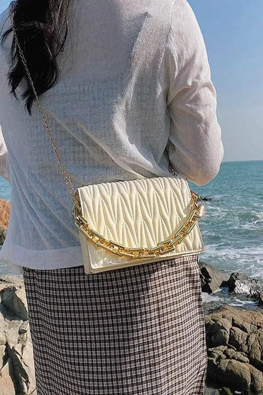White Embossed Thick Chain Shoulder Purse