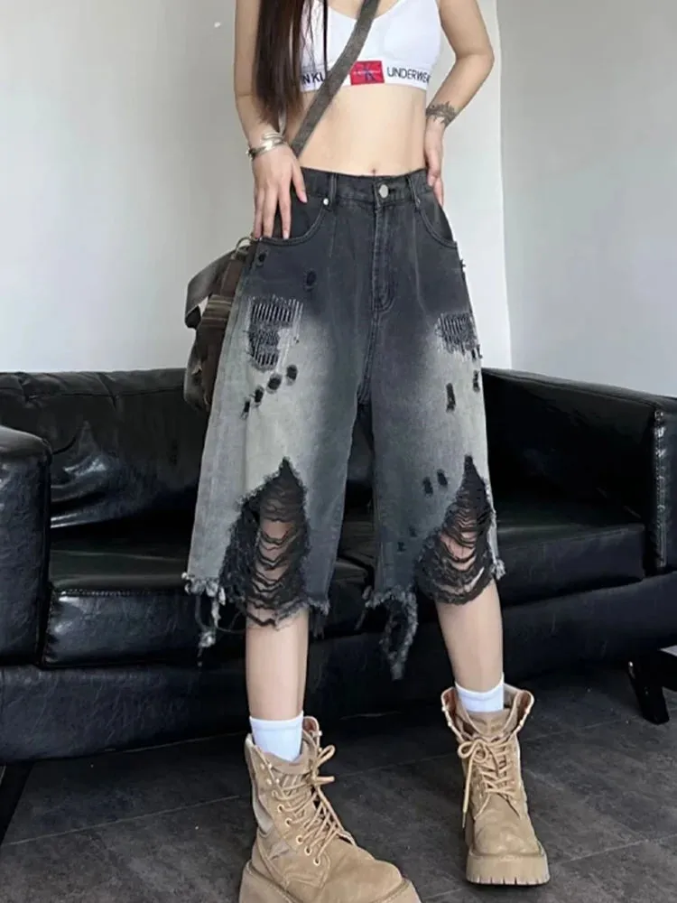 Y2K Denim Shorts für Frauen Gradient Jeans mit fransigen